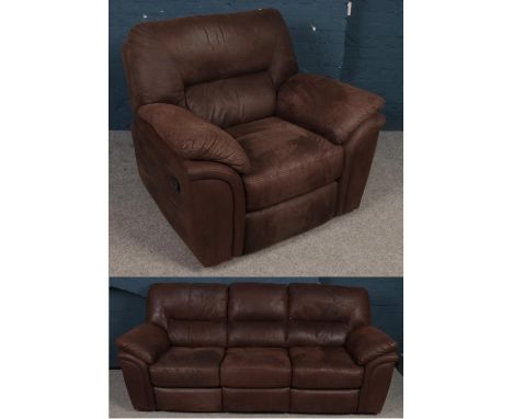 A reclining brown leather 3 seat sofa along with matching reclining armchair. (Sofa 97cm x 226cm x 90cm)  