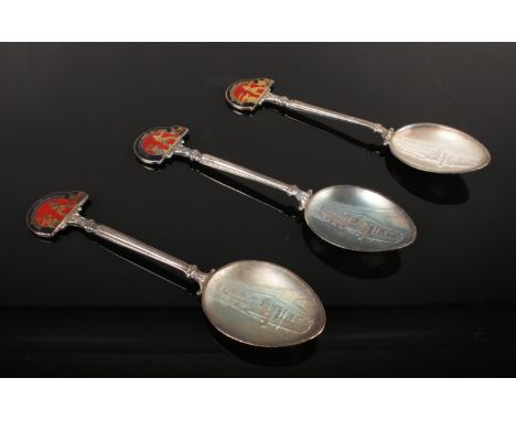 Three Mappin & Webb silver and enamel spoons. Assayed in Birmingham 1962. Named Super Materiam Ignis Triumphan. Comes in orig