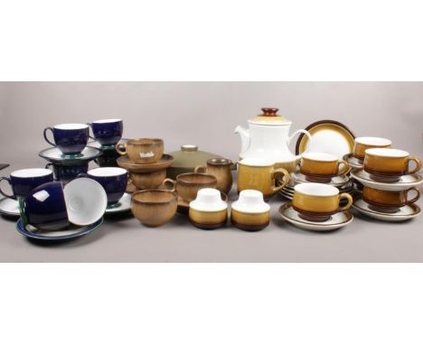 A group of Denby Stoneware tea &amp; dinner wares. Various designs. cups/saucers, teapot, salt &amp; pepper pots examples etc