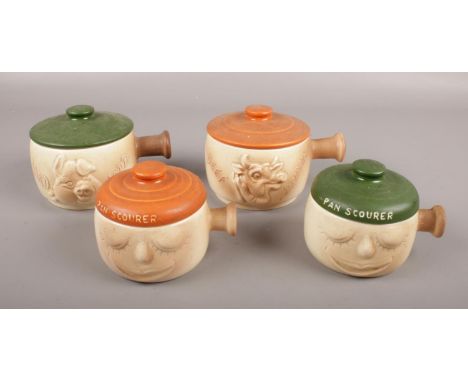 Four novelty Sylvac storage pots. Two Pan Scourers, Lard and Beef Dripping.  Lard and Beef Dripping cracked.