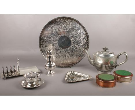 A group of mainly silver plated wares. Serving tray, teapot, toast rack examples etc  