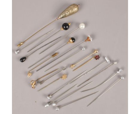 A quantity of hat &amp; stick pins. Including coloured and white paste set examples, etc.  