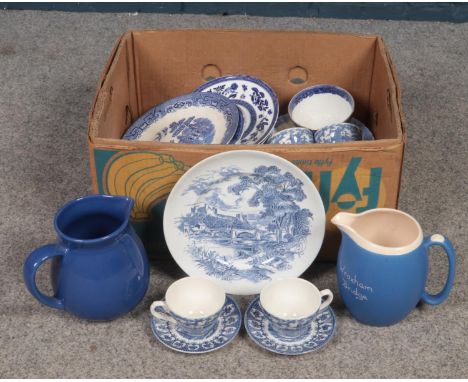 A group of blue &amp; white ceramics. Wedgwood Copeland, J &amp; G Meakin examples etc.  