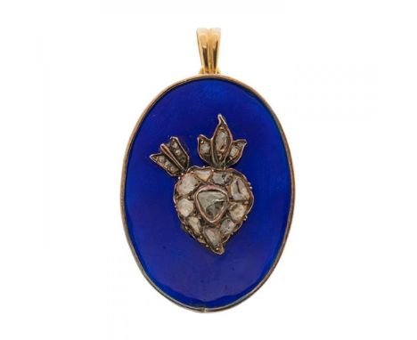 Victorian style 18K yellow gold pendant in blue enamel.It features a heart motif of rose-cut diamonds.Queen Victoria of Engla