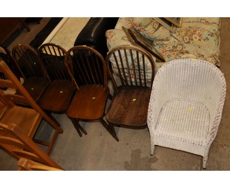 A loom chair and four stick back chairs 