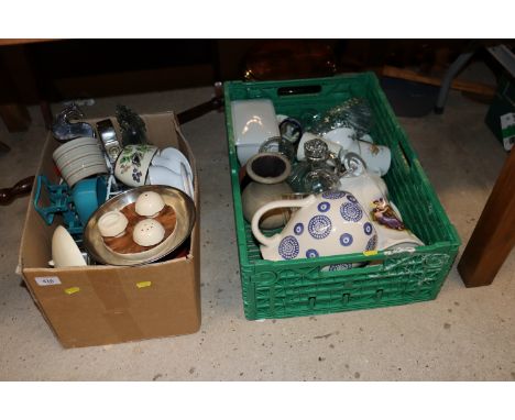 Two boxes containing decorative glass, china kitchen scales etc.