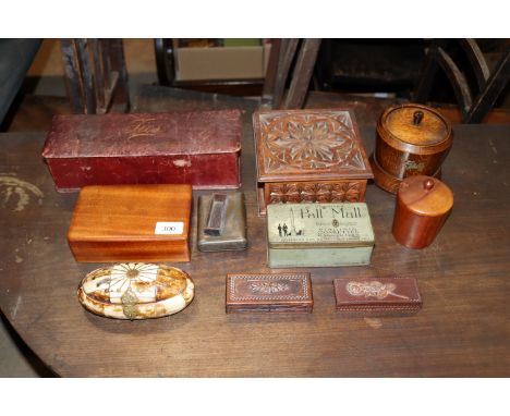 A collection of various trinket boxes; two wooden stamp boxes; a tie box; tea caddy etc.