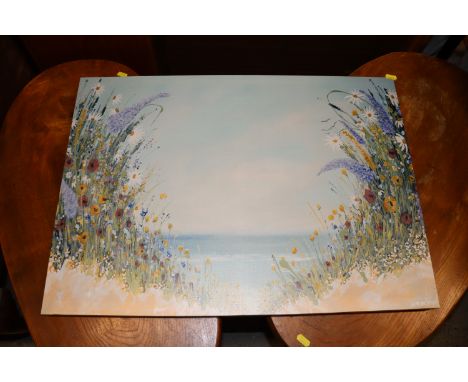 Large unframed print seascape with flowers