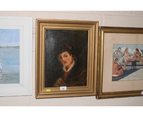Oil on board, portrait study of a lady indistinctly signed to bottom right, contained in gilt frame 