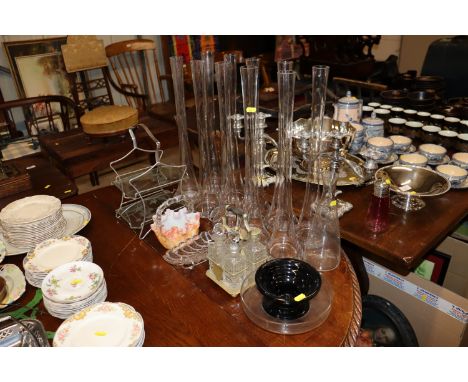A collection of glassware including vases, Art Glass basket, cruet set, cake stand etc. 
