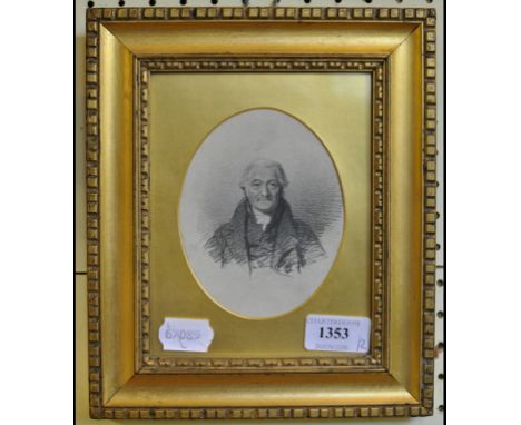 A 19th century oval bust portrait of a gentleman, pencil, 12 x 9 cm, and another picture (2)