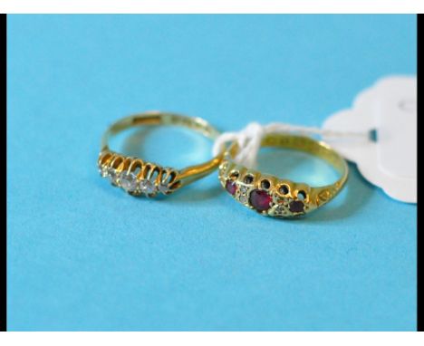 An 18ct gold and five stone diamond ring, approx. ring size M½, and a 22ct gold and gem set ring, approx. ring size L½ (2)

