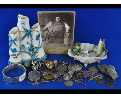 A silver bangle, Chester 1885, other assorted silver items, coins, a Great War Medal, a Worcester vase, and other assorted it