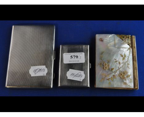 A Continental silver coloured metal cigarette case, with engraved and enamel decoration, initialled, 5.5 cm wide, another, an