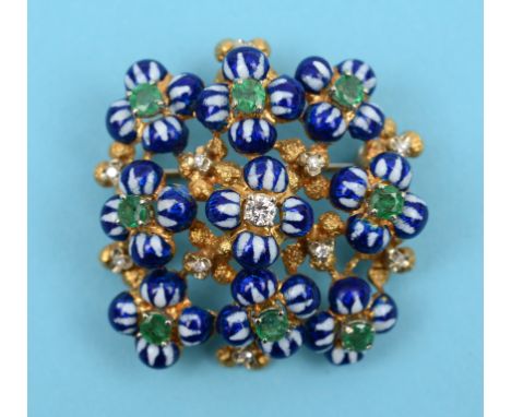 A gold, diamond, emerald and enamel flowerhead brooch, apparently unmarked  See front cover colour illustration