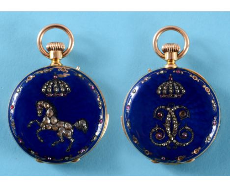 A 19th century gold and enamel hunter pocket watch, with minute repeat, the enamel dial with Roman numerals and subsidiary se