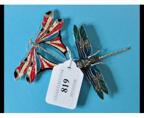 Two silver and enamel bug brooches