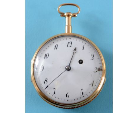 An early 19th century 18ct gold open face pocket watch, with quarter repeat, the enamel dial with Arabic numerals  See illust