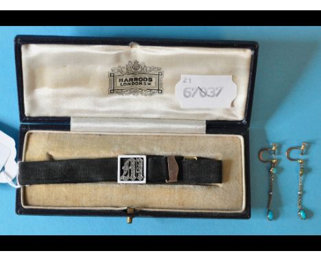 A bracelet, initialled M in diamonds, within an enamel surround, in a Harrods box, and a pair of 9ct gold, seed pearl and tur