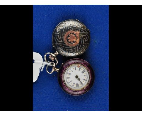 A lady's silver and enamel open face fob watch, and another similar (2)