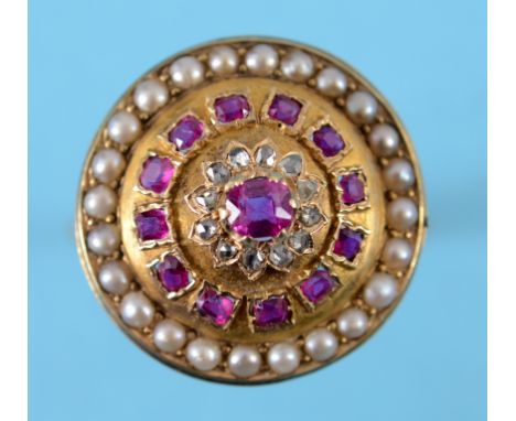 A ruby, diamond and pearl target ring, on a later 9ct gold shank, approx. ring size N½  See inside back cover colour illustra