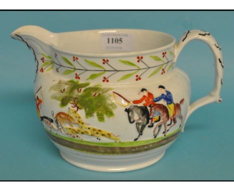 A New Hall porcelain jug, decorated a hunting scene (a.f.), 13 cm high