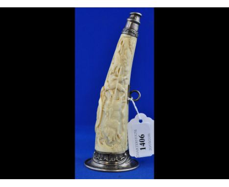 A late 18th/early 19th century ivory hunting horn, carved stag hunting and pig sticking, with silver coloured metal mounts ha