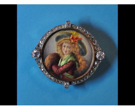 A French enamel brooch, the centre decorated a half length portrait of a lady, within a diamond surround  See illustration