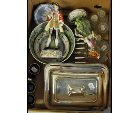 A pair of Meissen style figures, other ceramics, glass, plated items, and a print of Dunster (box)