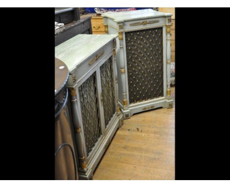 A Louis XVI style painted chiffonier, with a marble top, and having a pair of brass grille doors, 100 cm wide, and a similar 