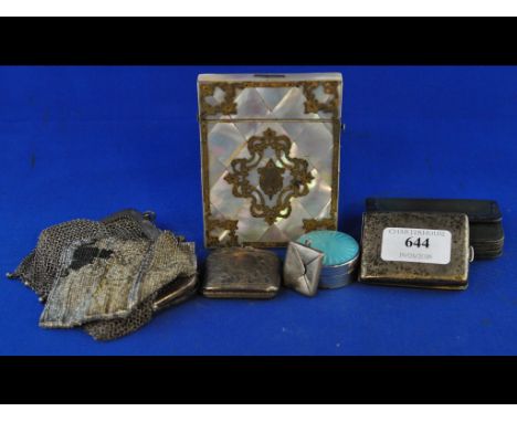 A silver and enamel box, Birmingham 1926, 3.5 cm diameter, a silver mounted purse, a mother of pearl visiting card case, and 