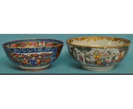 A 19th century Chinese porcelain punch bowl, decorated figures in enamel colours, 31 cm diameter, and another similar (damage