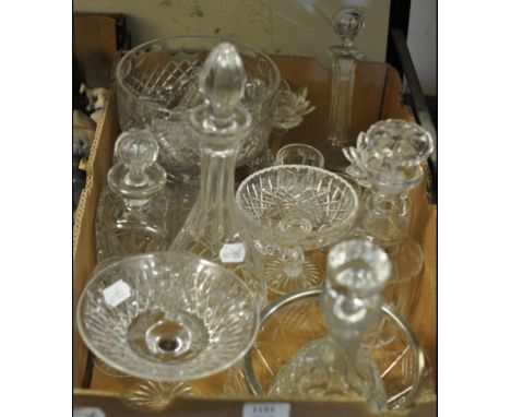A glass mallet shaped decanter and stopper, 29 cm high, four other decanters and stoppers, and other glass (box)