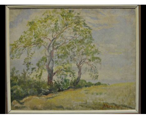A Steven Dews colour print, 'Germania' Racing 'Meteor IV', signed in pencil, Athene Andrade, two trees and a field, oil on ca