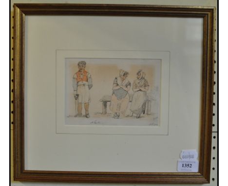 John Nixon, at Exeter, two peasant ladies on a bench, with a carpenter standing next to them, watercolour, initialled and dat