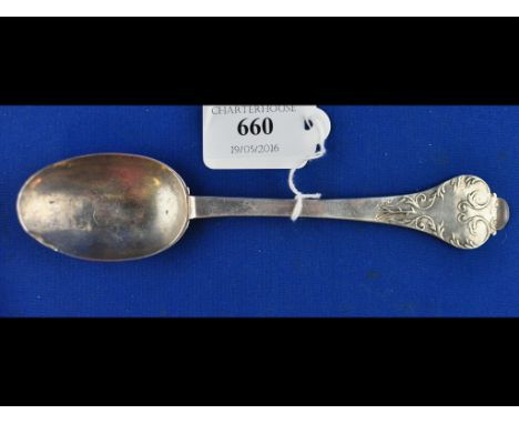 A 17th century trefoil spoon, with scrolling decoration, initialled, possibly Cornish Condition report Report by RB

Overall 