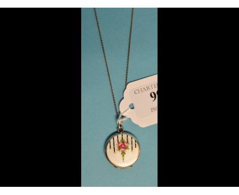 An enamel pendant, decorated roses, on a silver chain