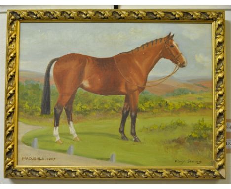 Mary Simms, a portrait of the racehorse Flashlight, oil on canvas, signed and dated 1958, 29.5 x 39.5 cm, and another by the 