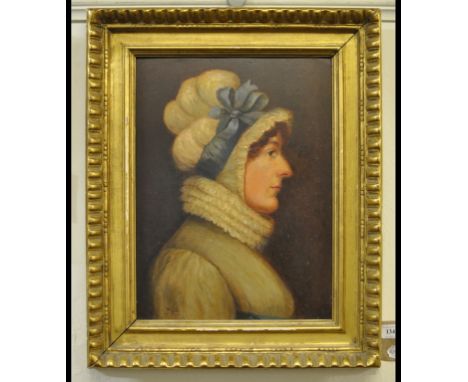 Continental school, late 19th century, a bust portrait of a lady wearing a bonnet with a blue scarf, oil on copper, 39 x 29 c