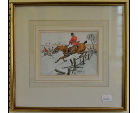 H T G (?) Alland, a hunting scene, pen and ink with watercolour and bodycolour on paper, signed and dated 96, 13 x 18 cm, ano