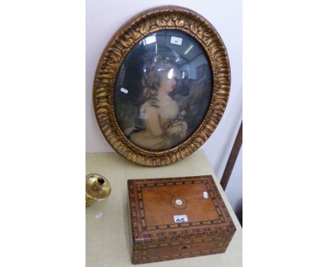 A walnut and tunbridgeware Victorian jewellery box together with an oval gilt framed portrait of a Gainsborough style lady (2