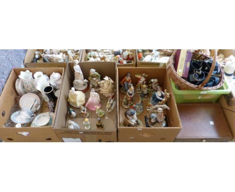 A canteen of cutlery, cameras, film related books, two boxes of figurines including Coalport and a box of china including Ayn