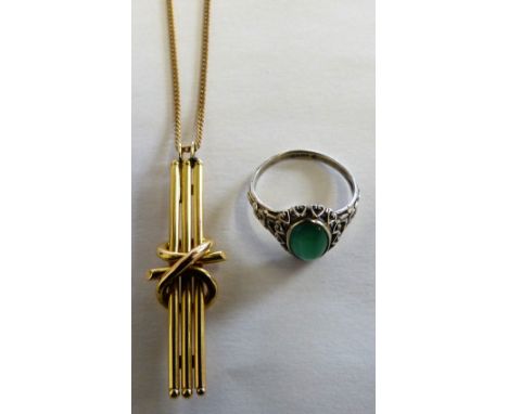 A Victorian gold brooch converted to a pendant, chain, together with a stained green chalcedony ring (2)