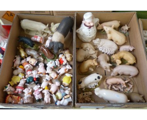 Two boxes of pig models including Aynsley, Goebel, etc (2)