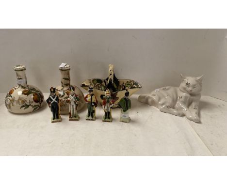 Qty of ceramics to include 5 ceramic figures of soldiers some marks to base &amp; pair of lidded bottle vases stamped to base