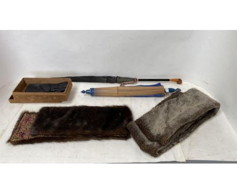 Qty of ladies vintage wears including gloves, fur scarves, umbrellas etc. 