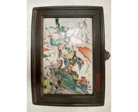 Chinese ceramic plaque in wooden frame &amp; brass finial, overall 36cm H x 56cm W 