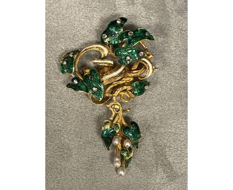 C19th, Unmarked yellow metal diamond and enamel seed pearl brooch, green enamel leaves with rose cut diamond accents, and 4 s
