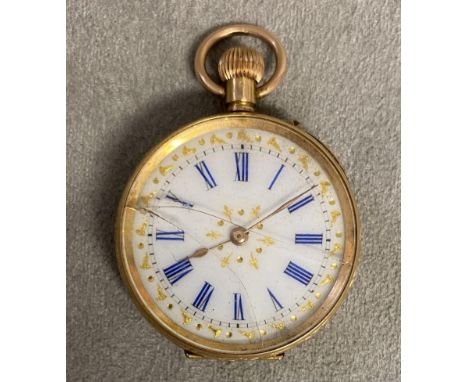 18ct gold cased ladies pocket watch, crown wind, with gilt and enamel face, small crack to glass, 32mm case 