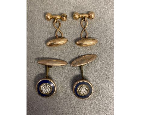 Pair of gents 9 ct gold cufflinks, and a pair of yellow metal and enamel cufflinks 
